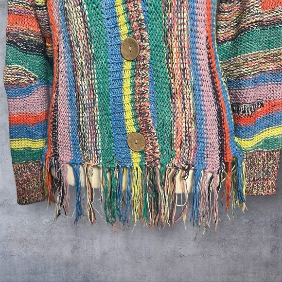 Anthropologie Pilcro Letterpress Fringed Cardigan Sweater Womens M Boho Artsy - Picture 3 of 9